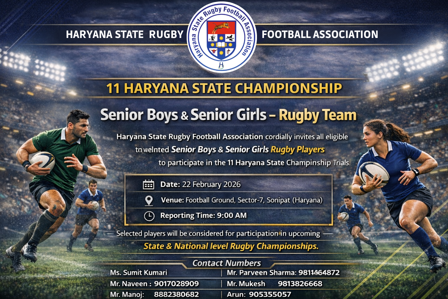 11th Haryana State Rugby Championship – Open Selection for Senior Boys & Girls